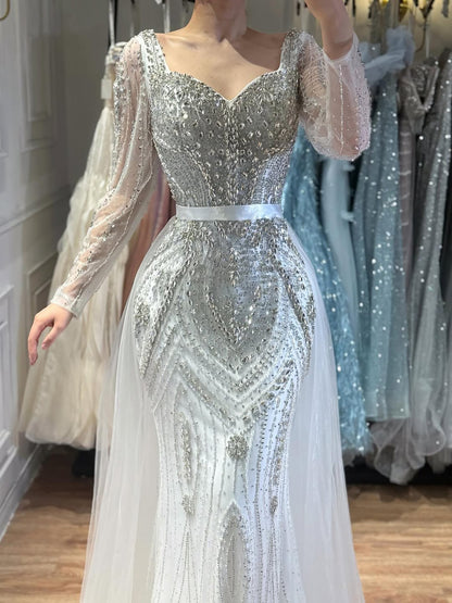 Luxury Nude Beaded Mermaid Evening Dress with Overskirt LA73190