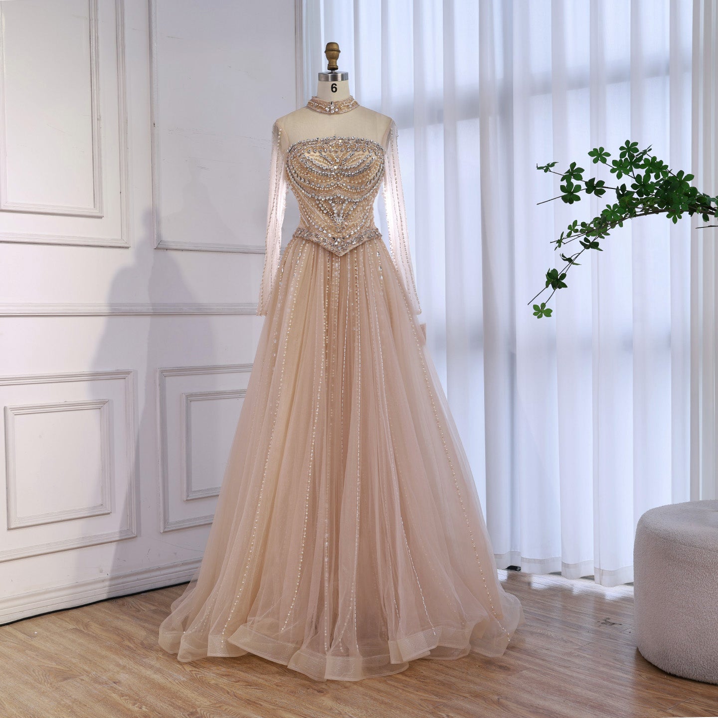 Luxury Nude Crystal Beaded A Line Long Sleeve Evening Dress LA73192