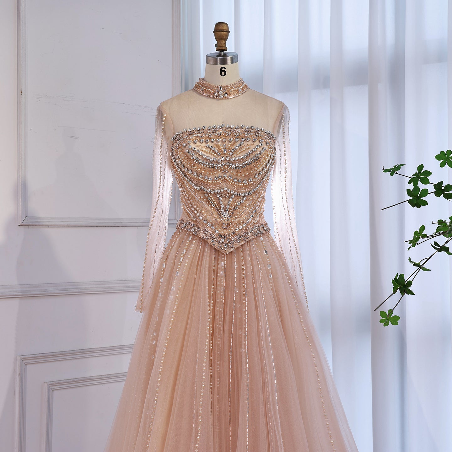 Luxury Nude Crystal Beaded A Line Long Sleeve Evening Dress LA73192