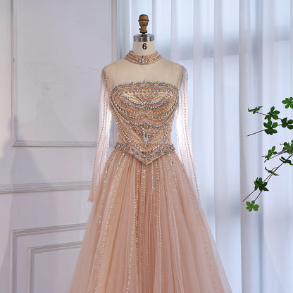 Luxury Nude Crystal Beaded A Line Long Sleeve Evening Dress LA73192