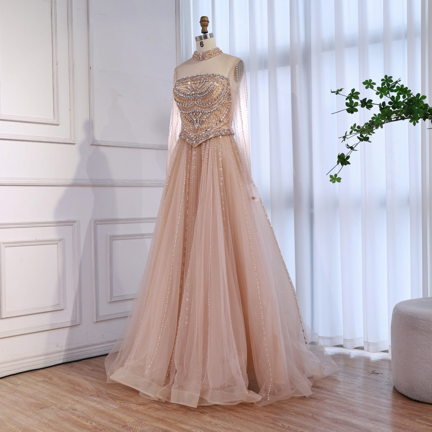 Luxury Nude Crystal Beaded A Line Long Sleeve Evening Dress LA73192