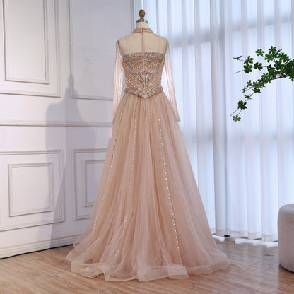 Luxury Nude Crystal Beaded A Line Long Sleeve Evening Dress LA73192