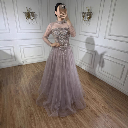 Luxury Nude Crystal Beaded A Line Long Sleeve Evening Dress LA73192