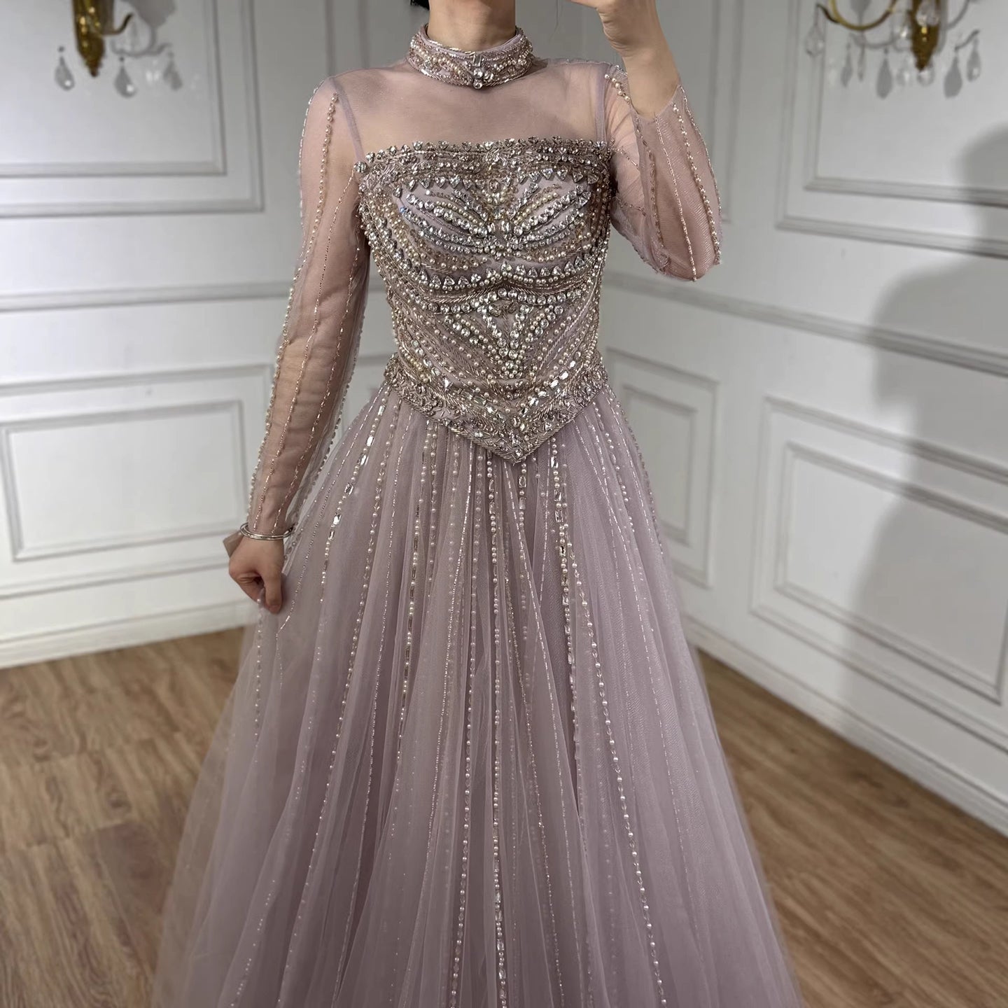 Luxury Nude Crystal Beaded A Line Long Sleeve Evening Dress LA73192