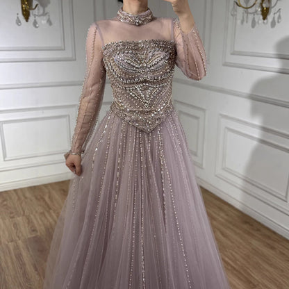 Luxury Nude Crystal Beaded A Line Long Sleeve Evening Dress LA73192