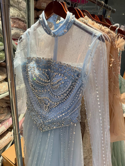 Luxury Nude Crystal Beaded A Line Long Sleeve Evening Dress LA73192