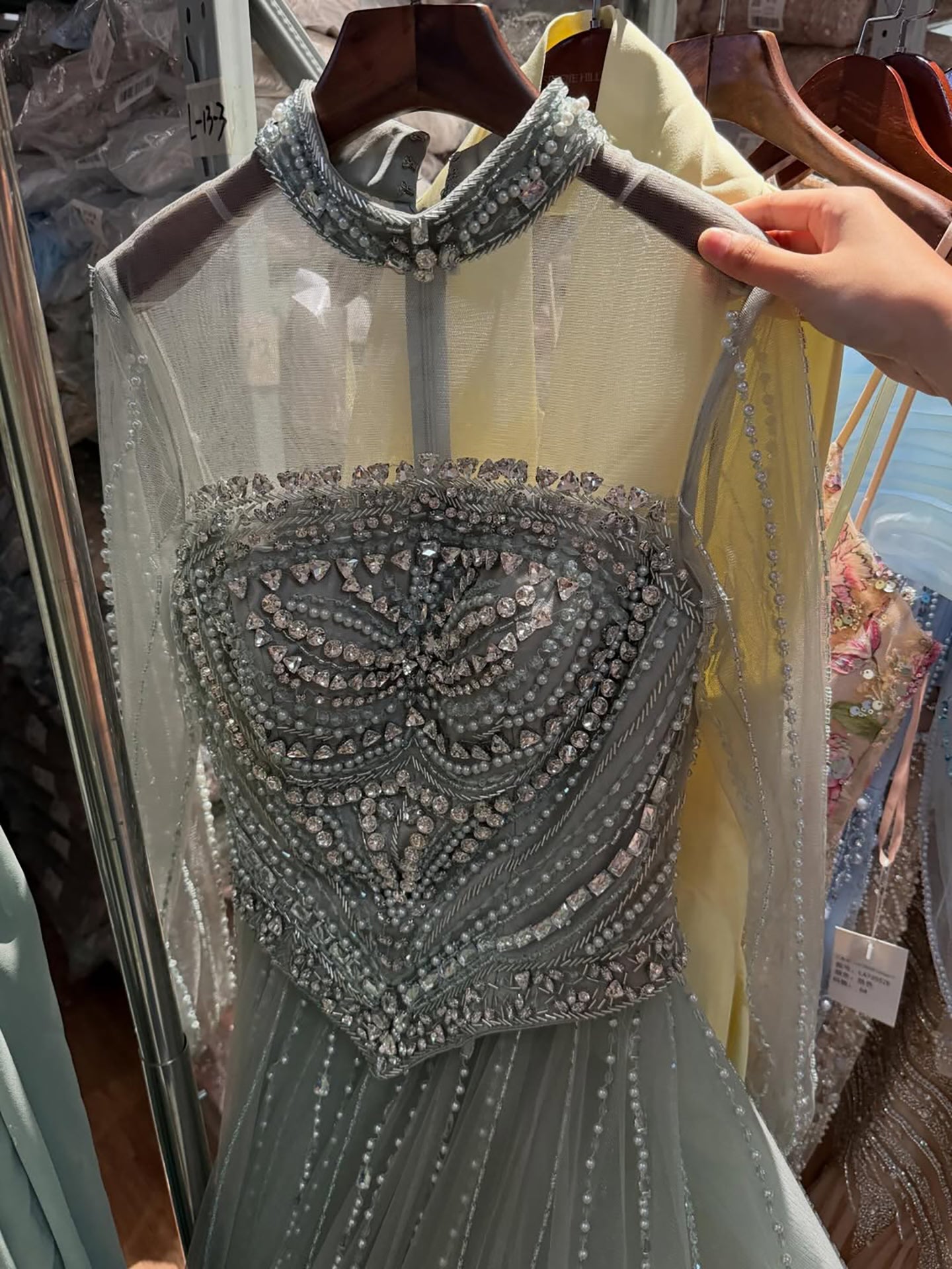 Luxury Nude Crystal Beaded A Line Long Sleeve Evening Dress LA73192