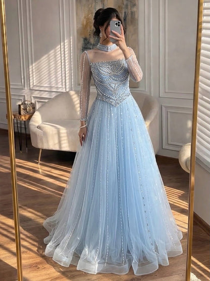 Luxury Nude Crystal Beaded A Line Long Sleeve Evening Dress LA73192
