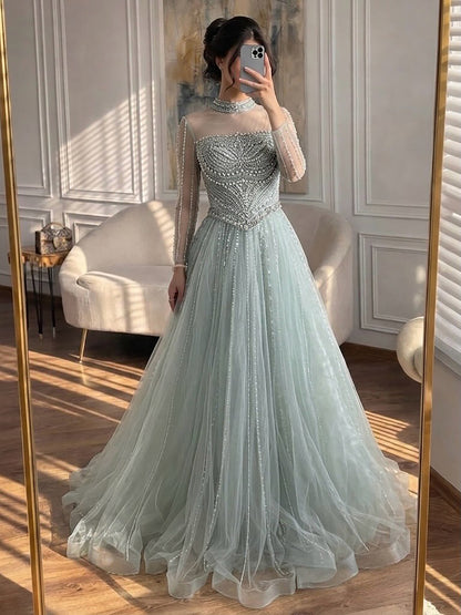 Luxury Nude Crystal Beaded A Line Long Sleeve Evening Dress LA73192