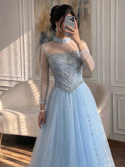 Luxury Nude Crystal Beaded A Line Long Sleeve Evening Dress LA73192