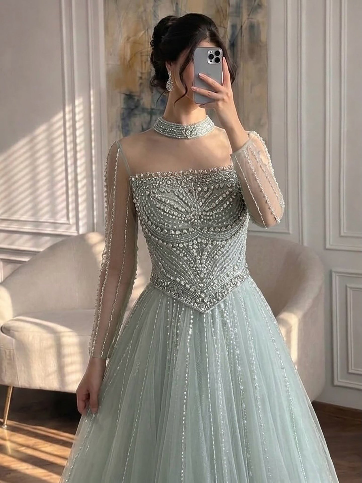 Luxury Nude Crystal Beaded A Line Long Sleeve Evening Dress LA73192