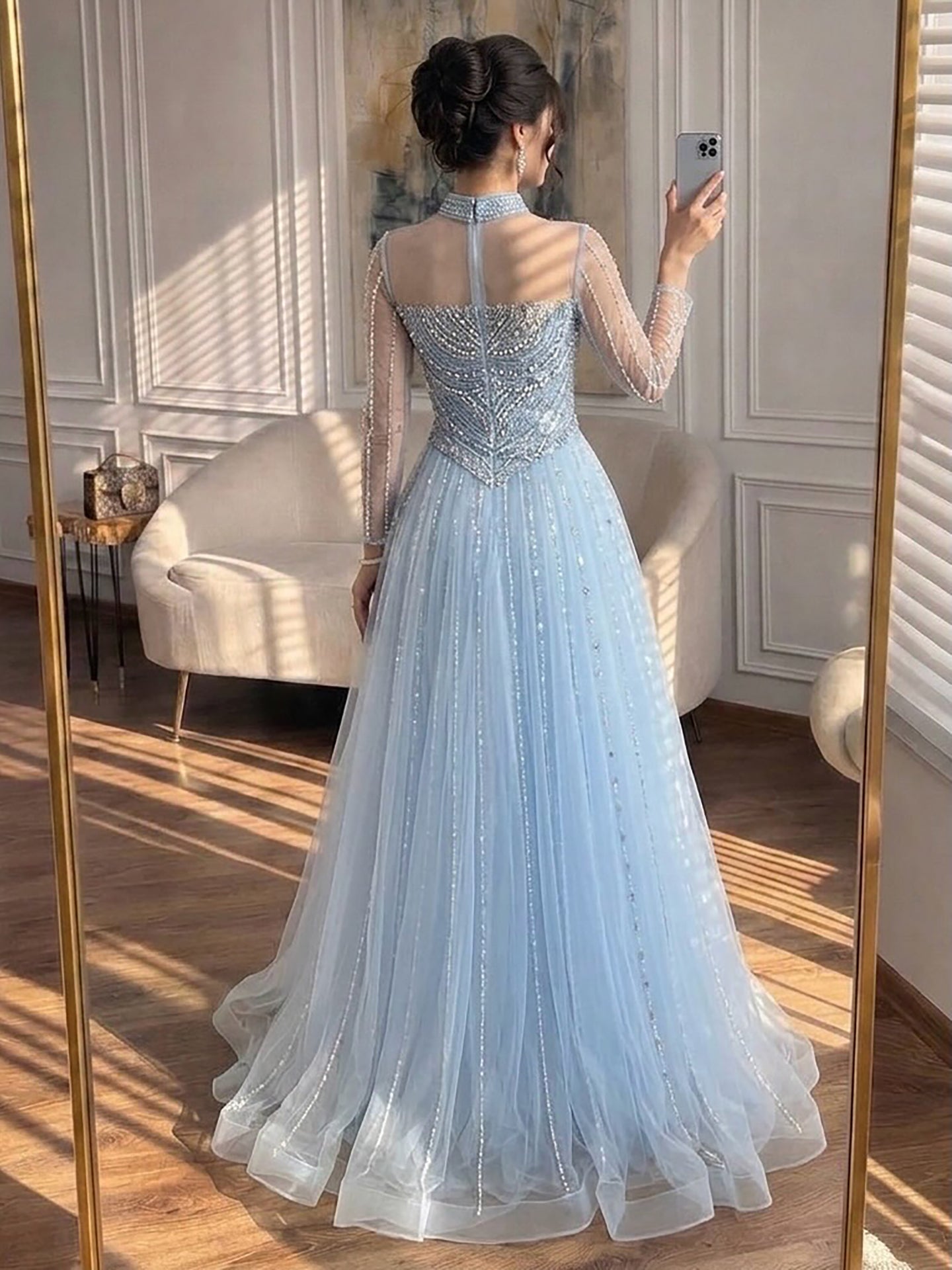 Luxury Nude Crystal Beaded A Line Long Sleeve Evening Dress LA73192