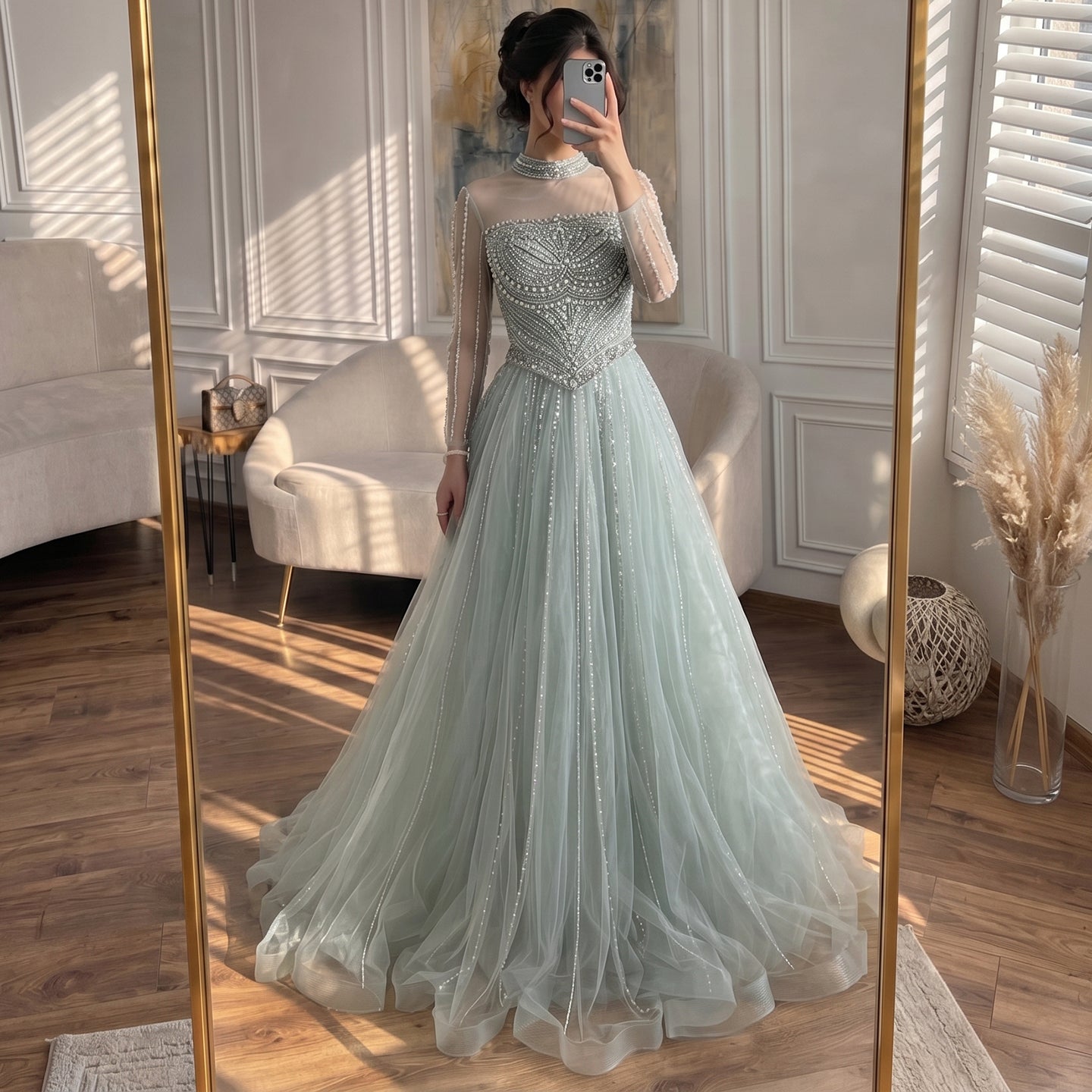 Luxury Nude Crystal Beaded A Line Long Sleeve Evening Dress LA73192