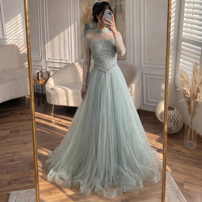Luxury Nude Crystal Beaded A Line Long Sleeve Evening Dress LA73192