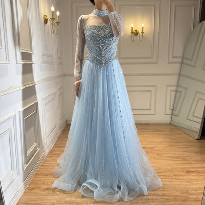 Luxury Nude Crystal Beaded A Line Long Sleeve Evening Dress LA73192