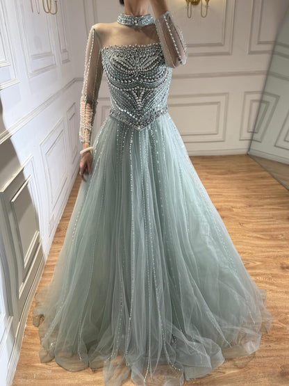 Luxury Nude Crystal Beaded A Line Long Sleeve Evening Dress LA73192