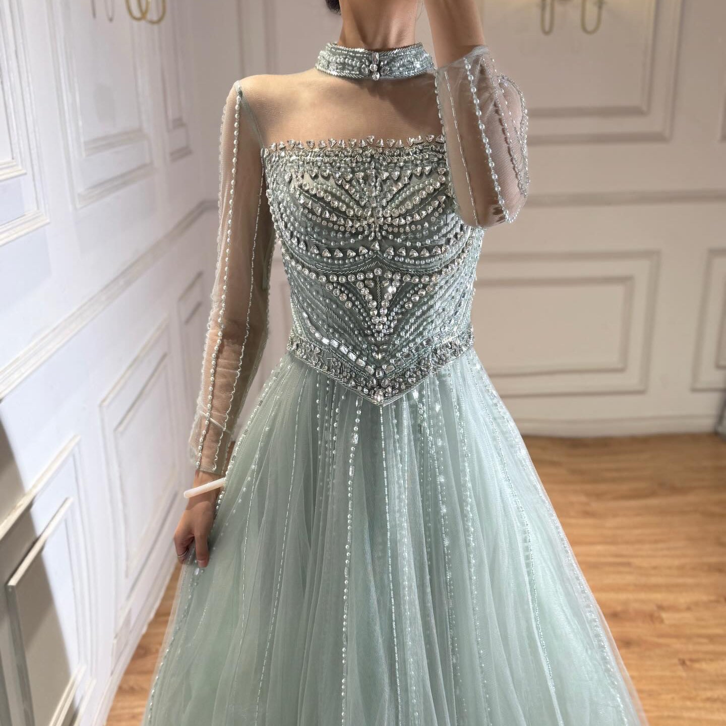 Luxury Nude Crystal Beaded A Line Long Sleeve Evening Dress LA73192