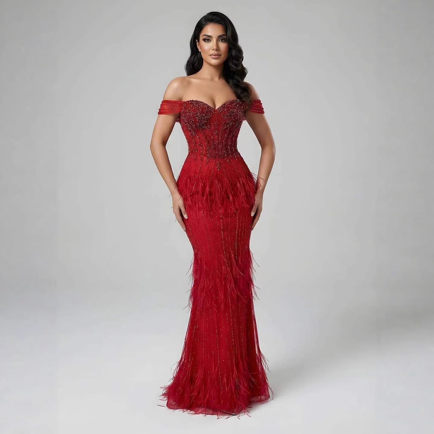 Luxury Caramel Off Shoulder Beaded Feather Mermaid Evening Dress LA73193