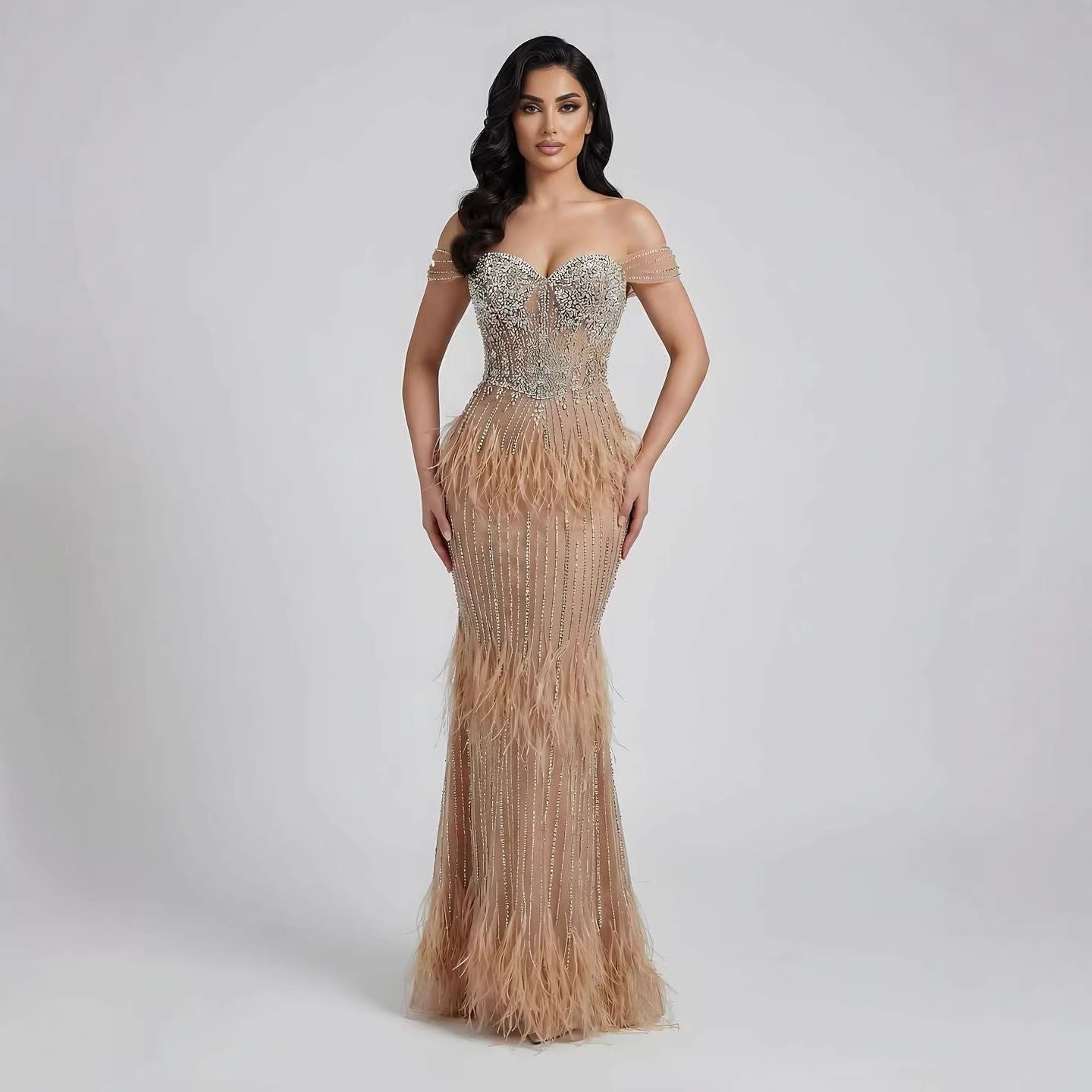 Luxury Caramel Off Shoulder Beaded Feather Mermaid Evening Dress LA73193