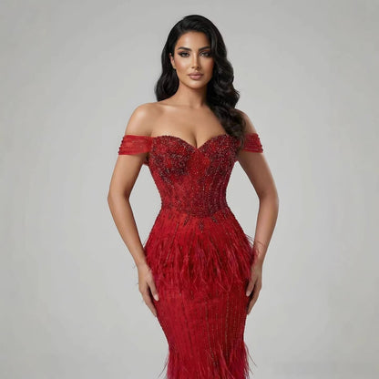 Luxury Caramel Off Shoulder Beaded Feather Mermaid Evening Dress LA73193