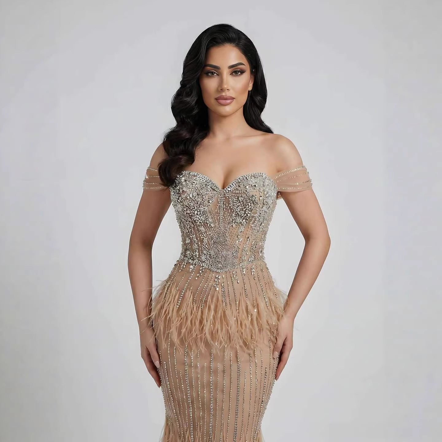 Luxury Caramel Off Shoulder Beaded Feather Mermaid Evening Dress LA73193