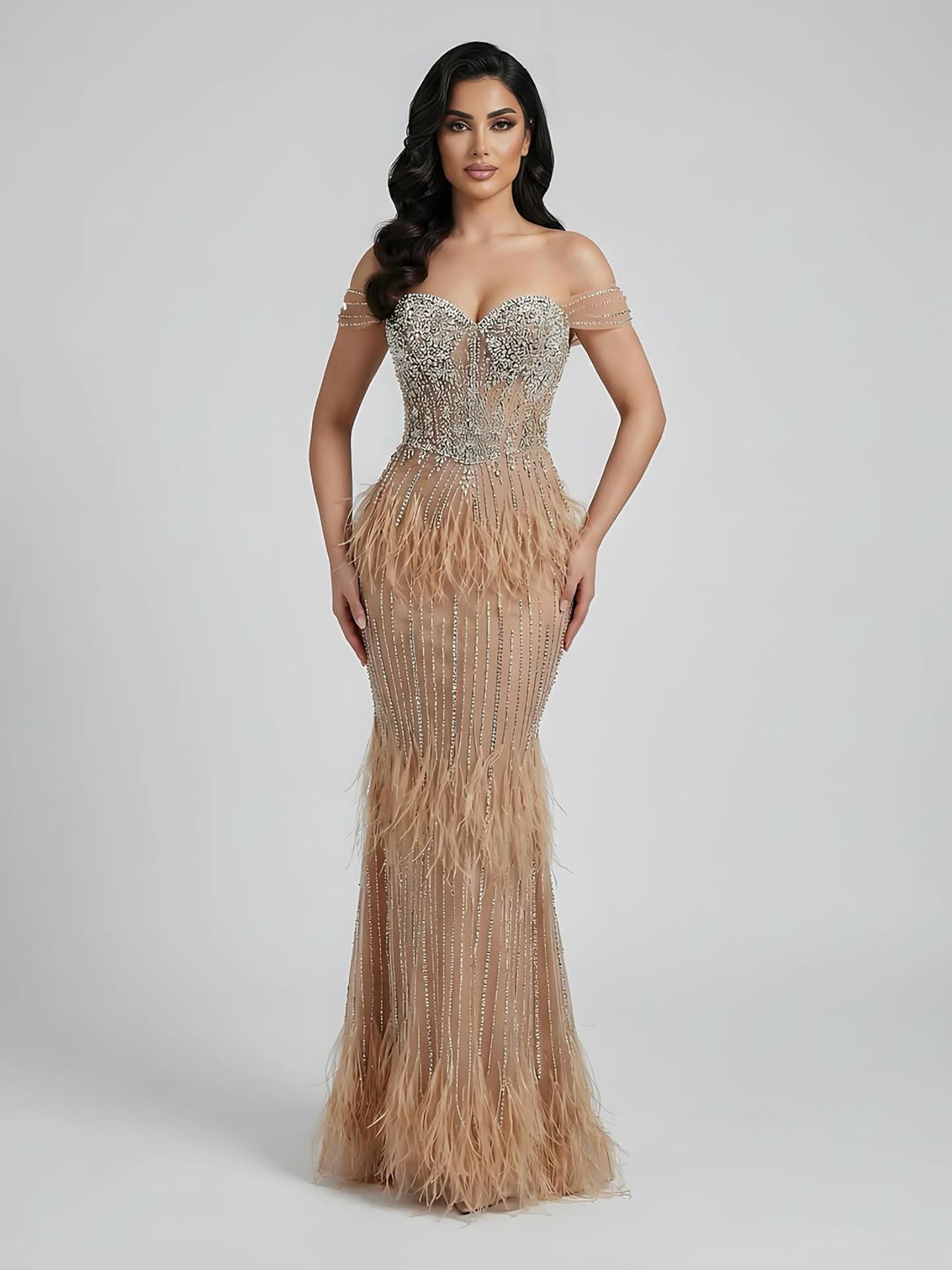 Luxury Caramel Off Shoulder Beaded Feather Mermaid Evening Dress LA73193