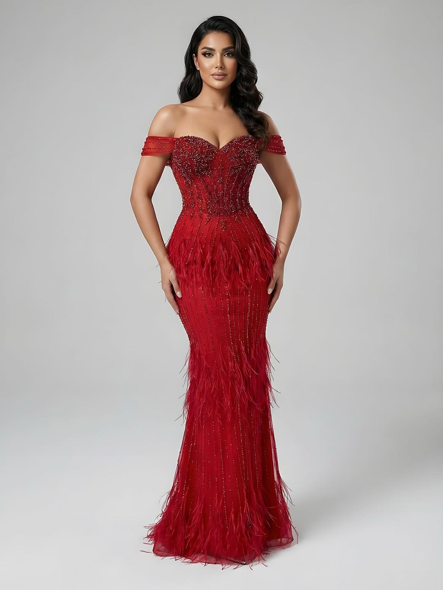 Luxury Caramel Off Shoulder Beaded Feather Mermaid Evening Dress LA73193