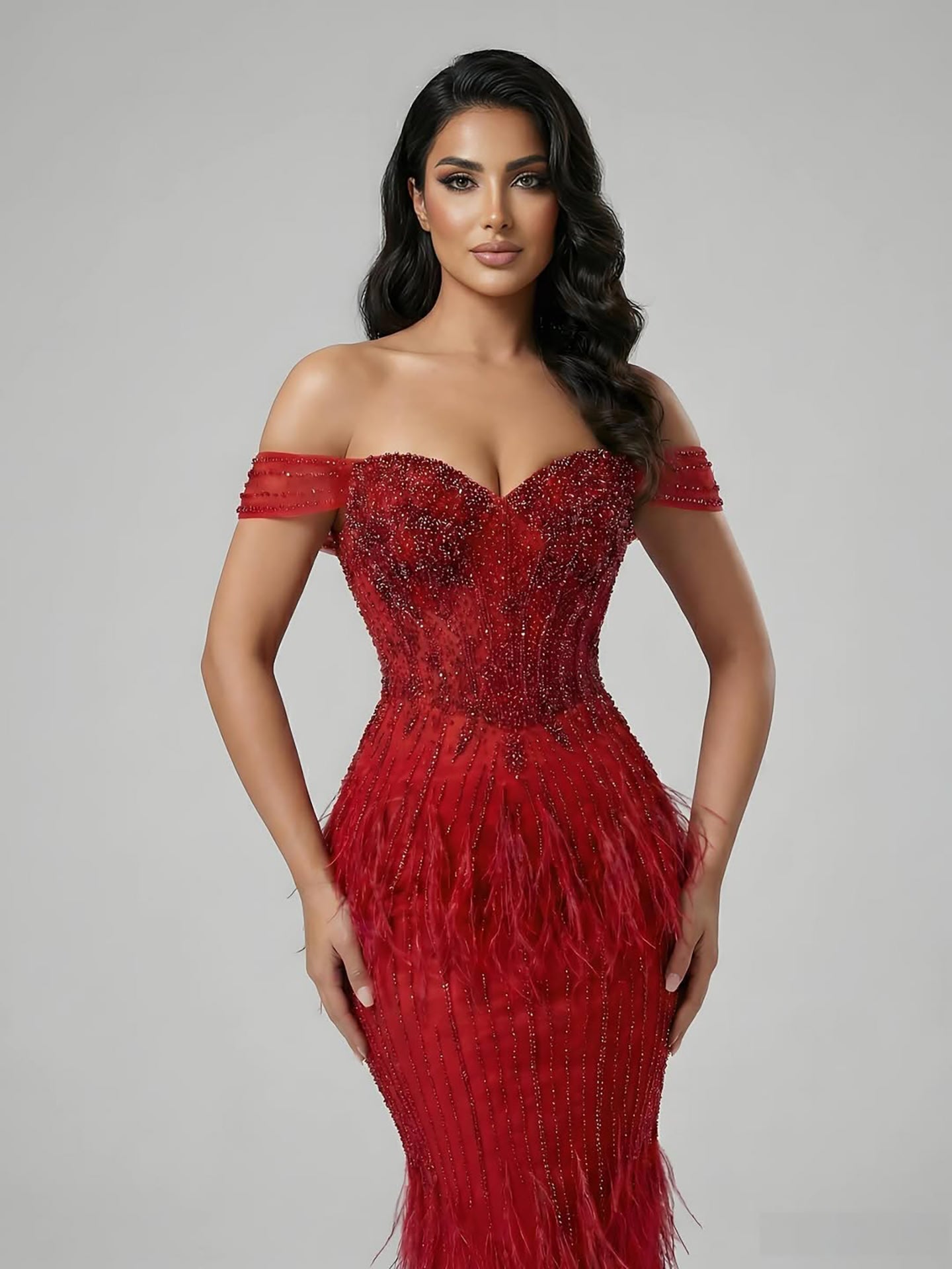 Luxury Caramel Off Shoulder Beaded Feather Mermaid Evening Dress LA73193