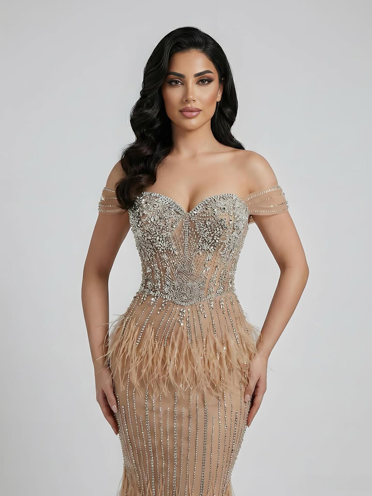 Luxury Caramel Off Shoulder Beaded Feather Mermaid Evening Dress LA73193