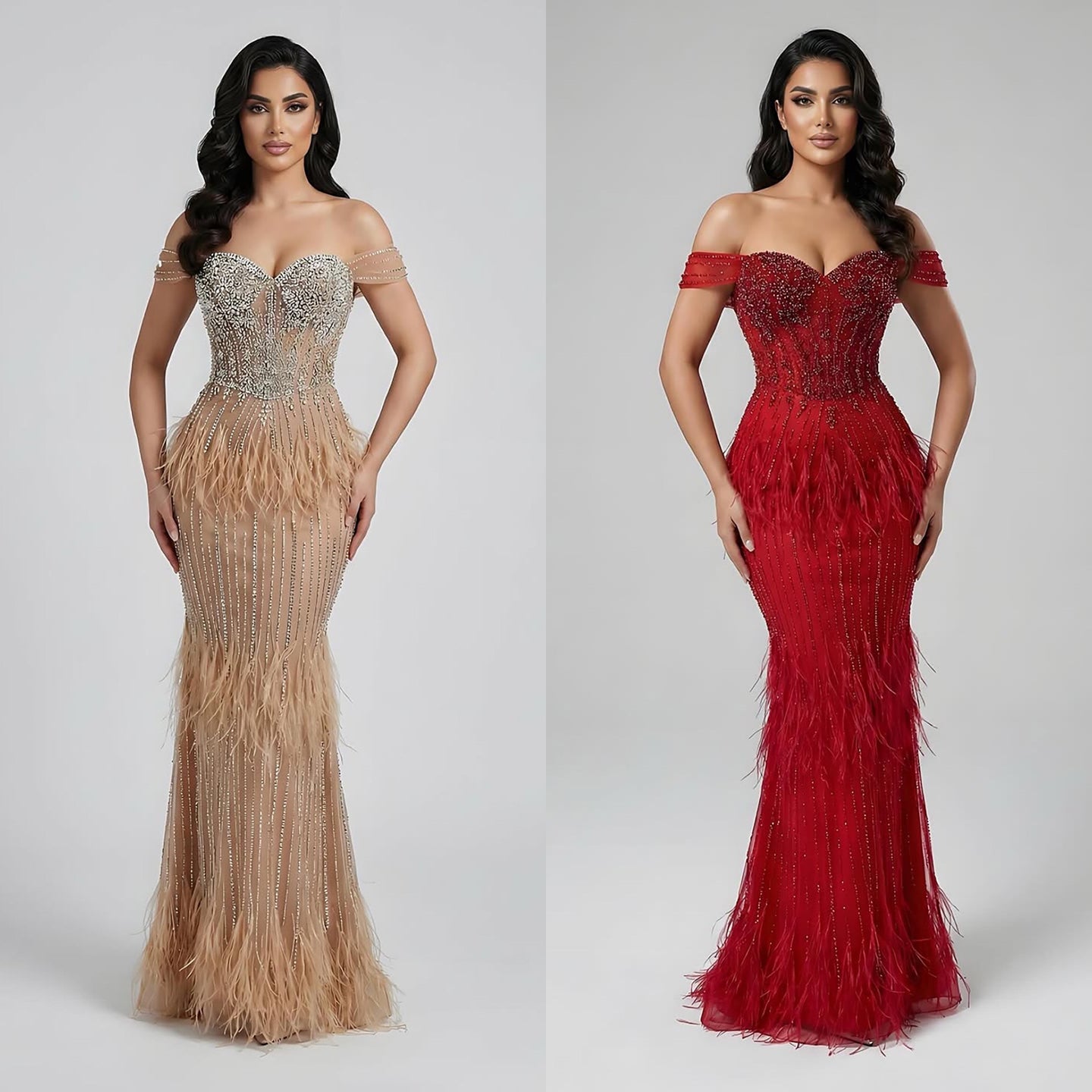 Luxury Caramel Off Shoulder Beaded Feather Mermaid Evening Dress LA73193