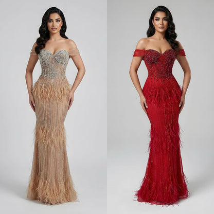 Luxury Caramel Off Shoulder Beaded Feather Mermaid Evening Dress LA73193