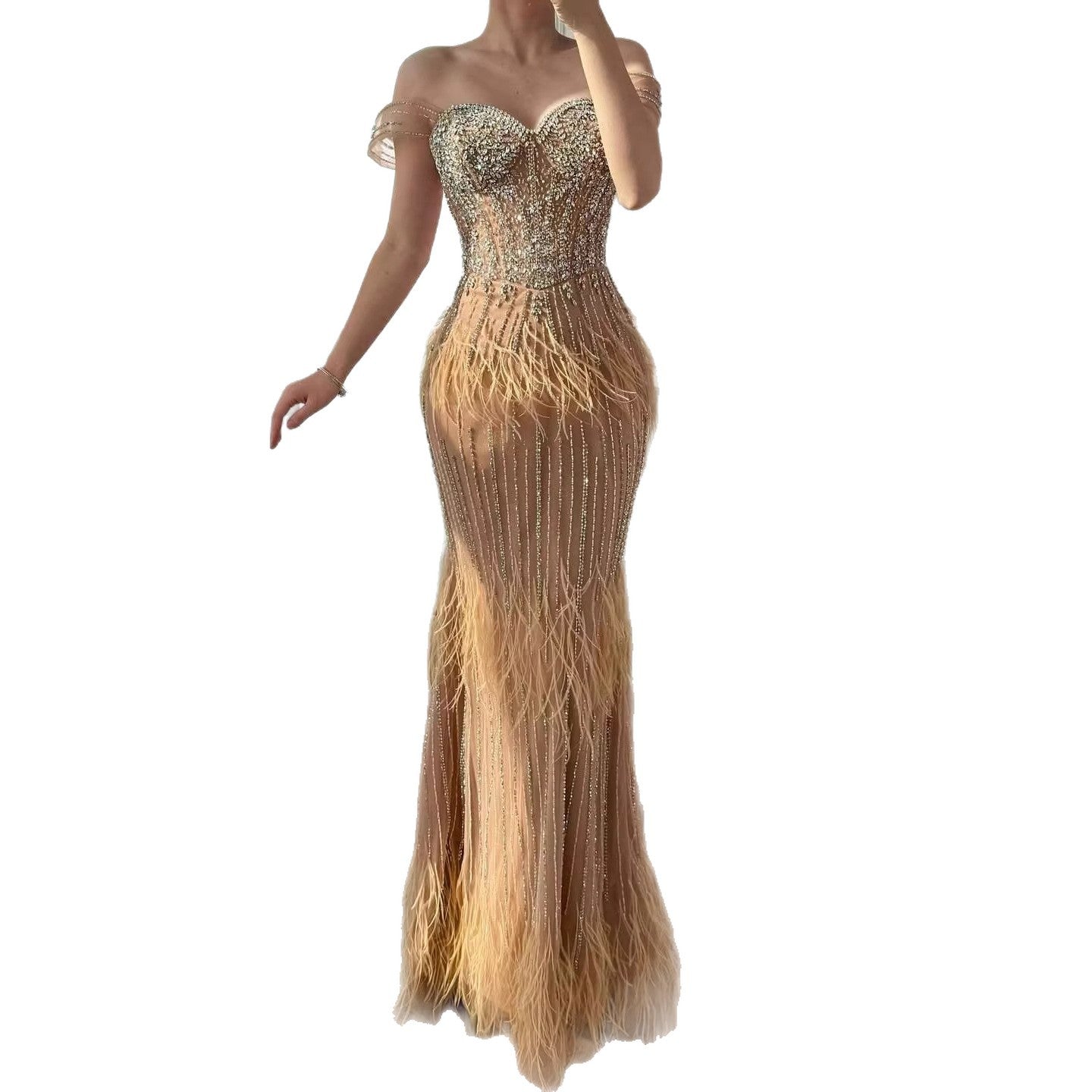 Luxury Caramel Off Shoulder Beaded Feather Mermaid Evening Dress LA73193