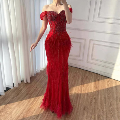 Luxury Caramel Off Shoulder Beaded Feather Mermaid Evening Dress LA73193