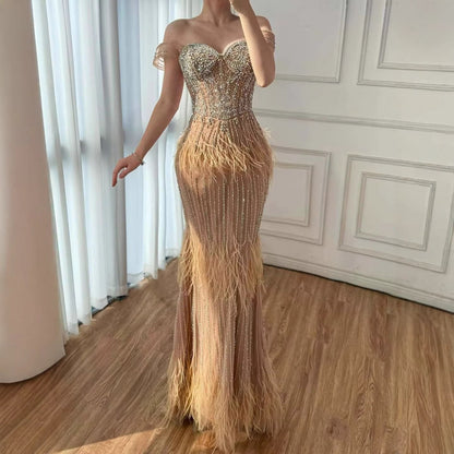 Luxury Caramel Off Shoulder Beaded Feather Mermaid Evening Dress LA73193