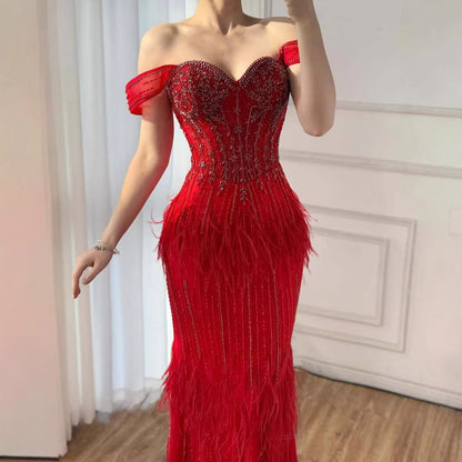 Luxury Caramel Off Shoulder Beaded Feather Mermaid Evening Dress LA73193