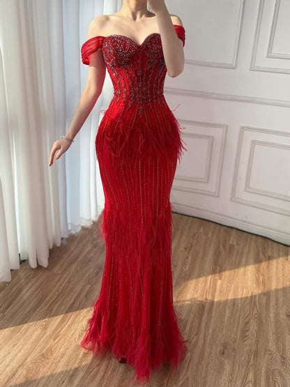 Luxury Caramel Off Shoulder Beaded Feather Mermaid Evening Dress LA73193