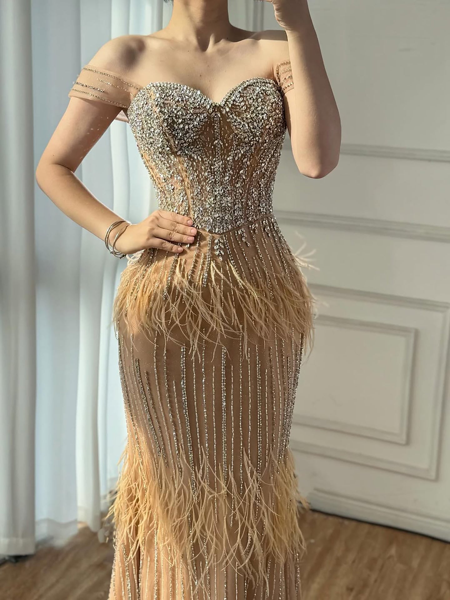 Luxury Caramel Off Shoulder Beaded Feather Mermaid Evening Dress LA73193