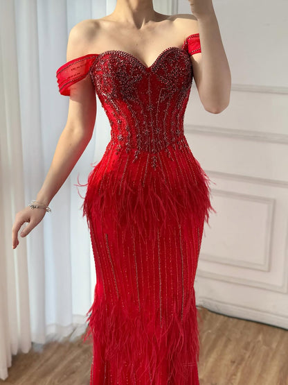 Luxury Caramel Off Shoulder Beaded Feather Mermaid Evening Dress LA73193