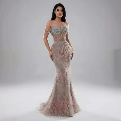Luxury Caramel Off Shoulder Beaded Feather Mermaid Evening Dress LA73193A