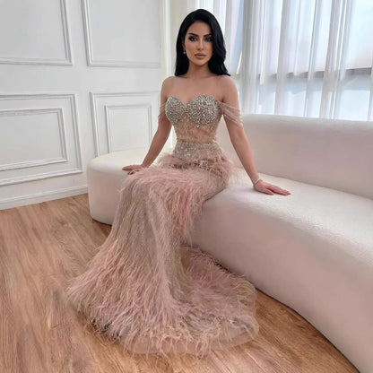 Luxury Caramel Off Shoulder Beaded Feather Mermaid Evening Dress LA73193A