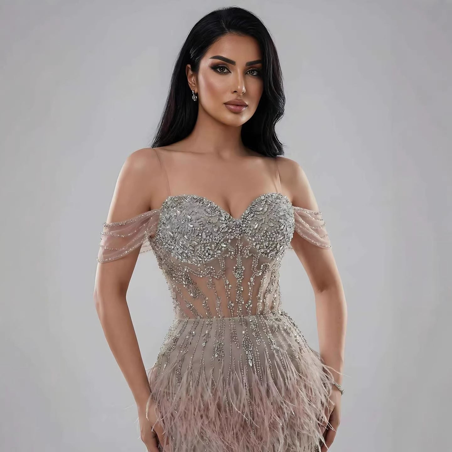 Luxury Caramel Off Shoulder Beaded Feather Mermaid Evening Dress LA73193A