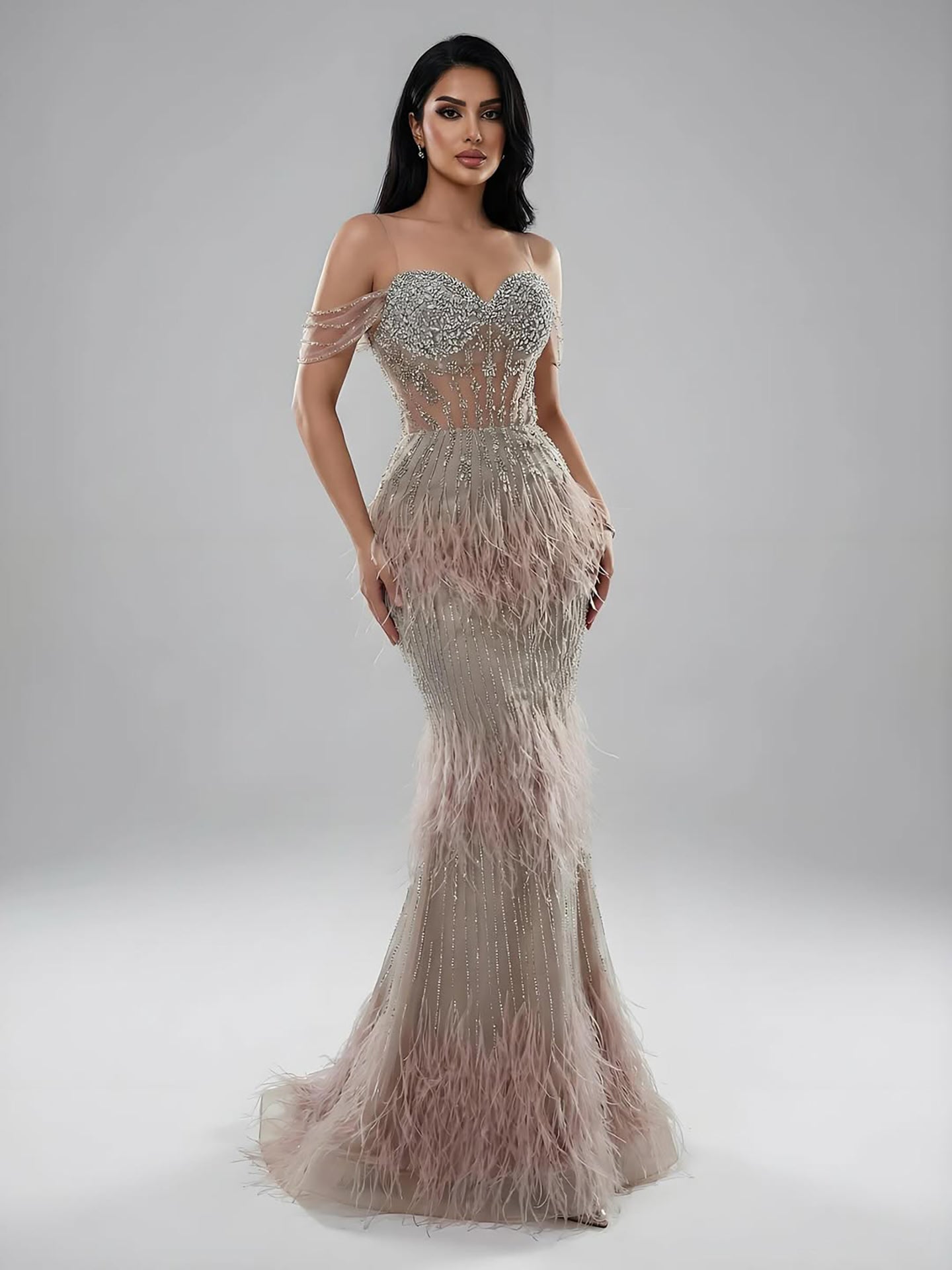 Luxury Caramel Off Shoulder Beaded Feather Mermaid Evening Dress LA73193A