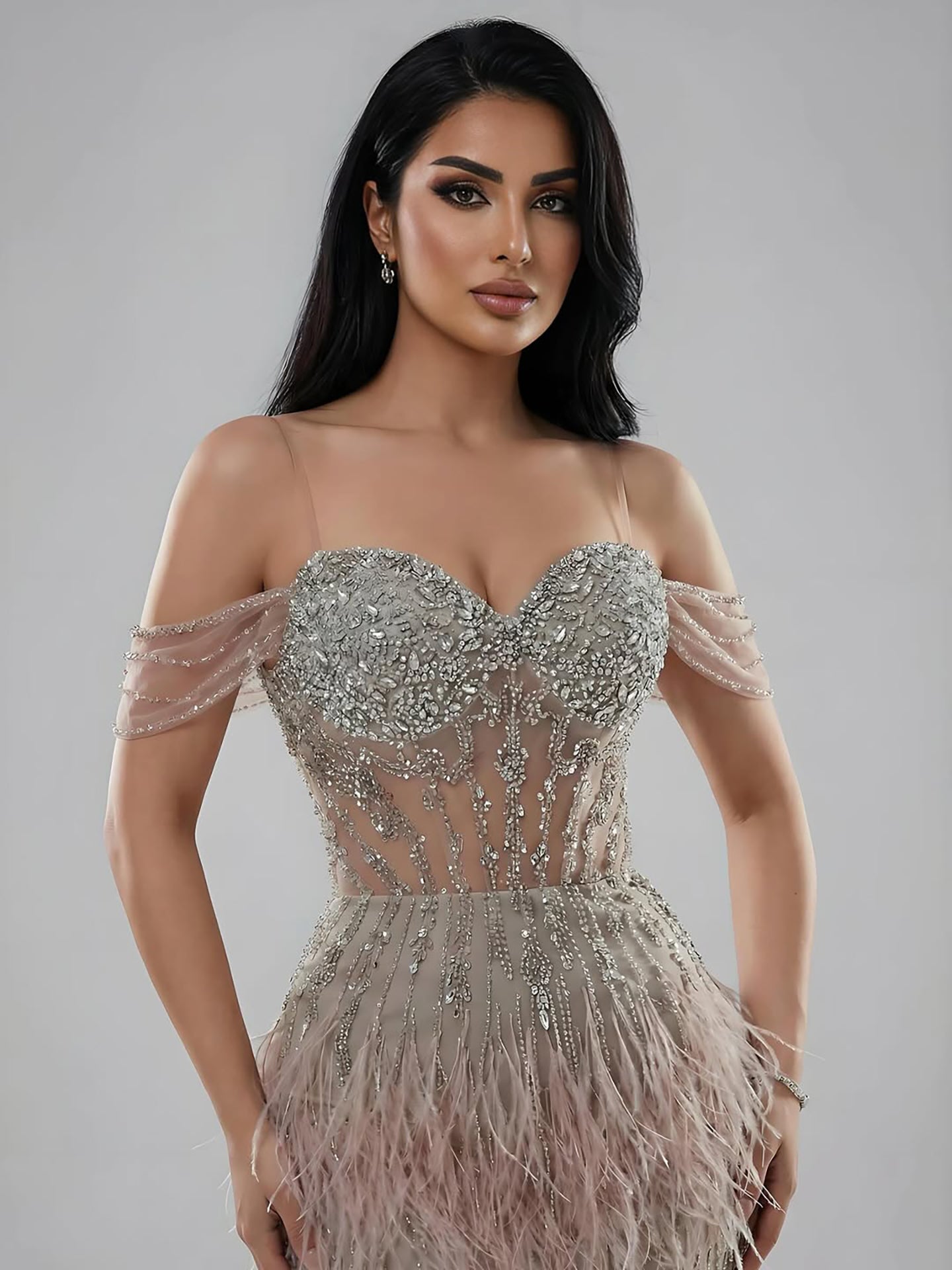 Luxury Caramel Off Shoulder Beaded Feather Mermaid Evening Dress LA73193A