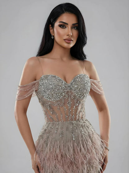 Luxury Caramel Off Shoulder Beaded Feather Mermaid Evening Dress LA73193A