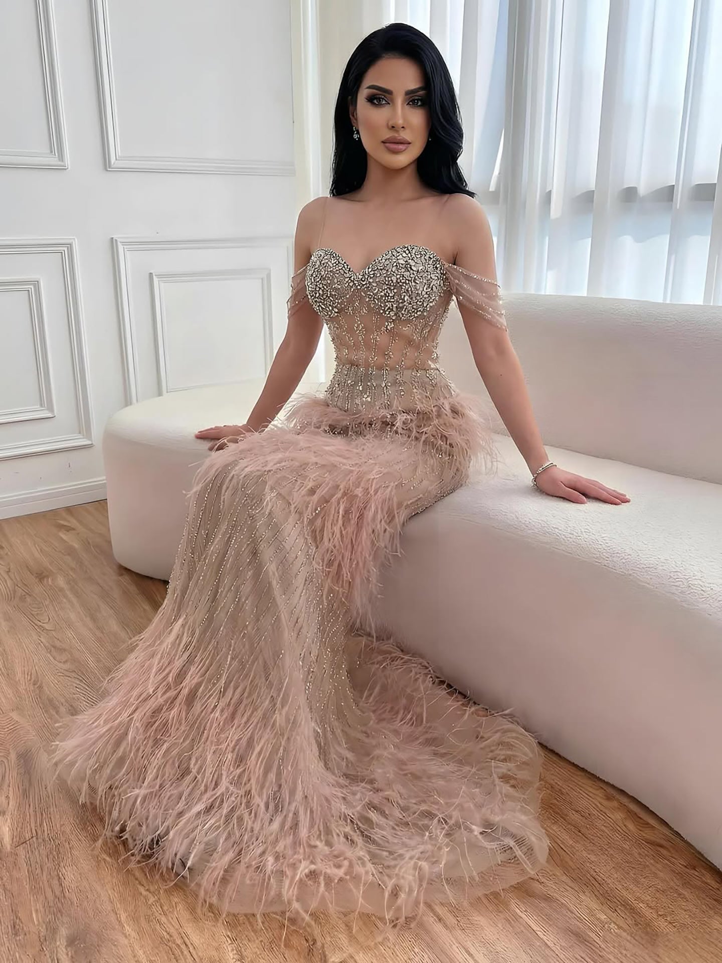 Luxury Caramel Off Shoulder Beaded Feather Mermaid Evening Dress LA73193A