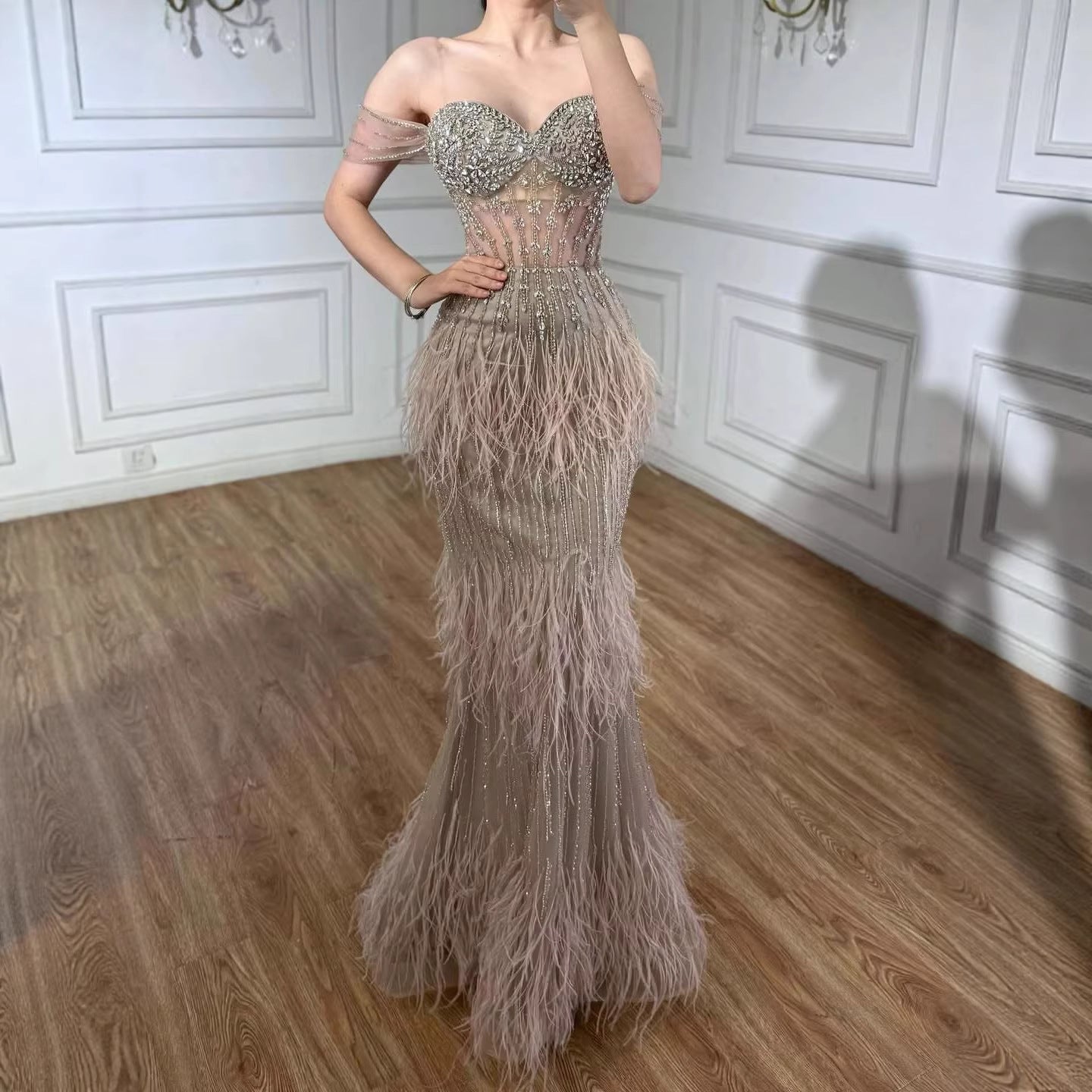 Luxury Caramel Off Shoulder Beaded Feather Mermaid Evening Dress LA73193A