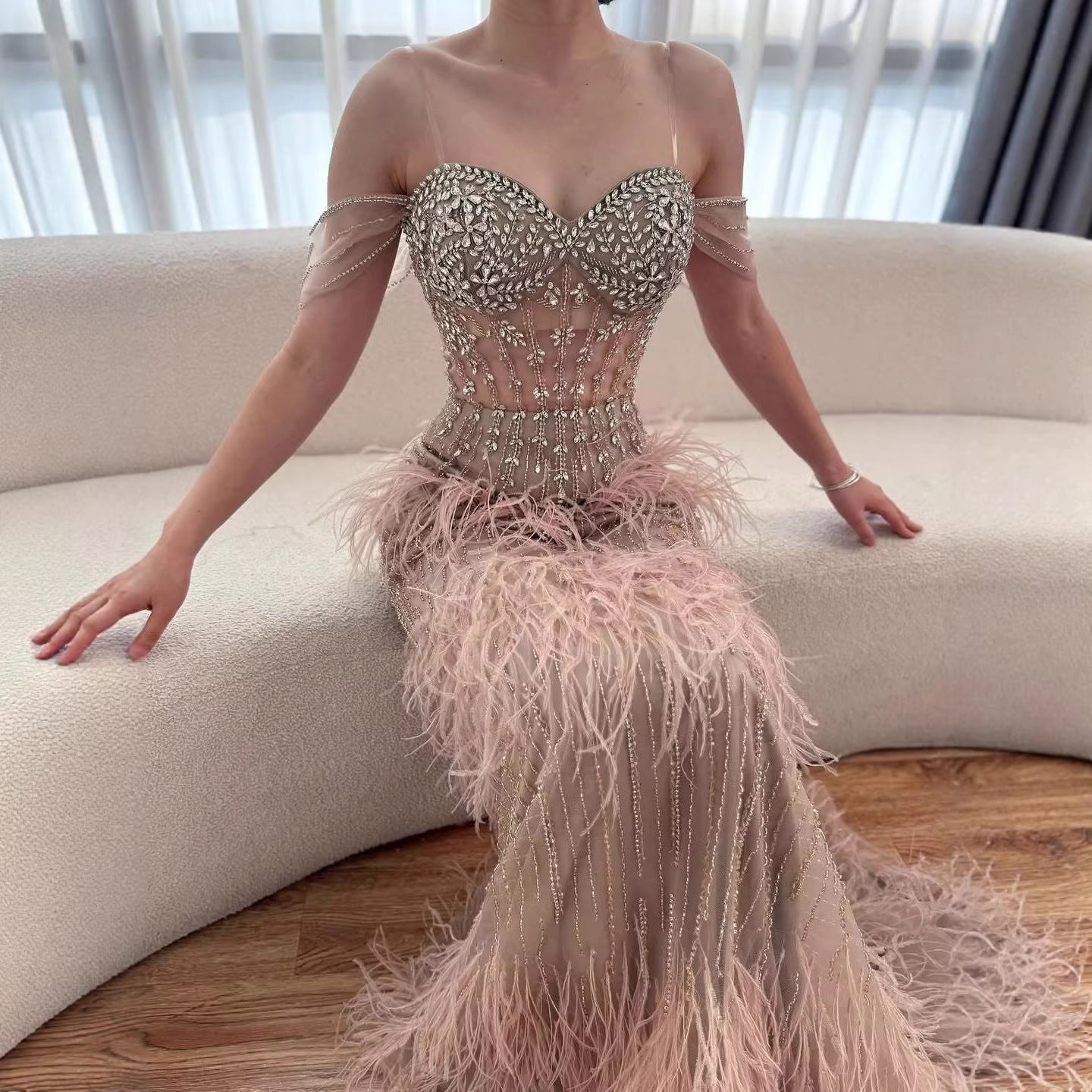 Luxury Caramel Off Shoulder Beaded Feather Mermaid Evening Dress LA73193A