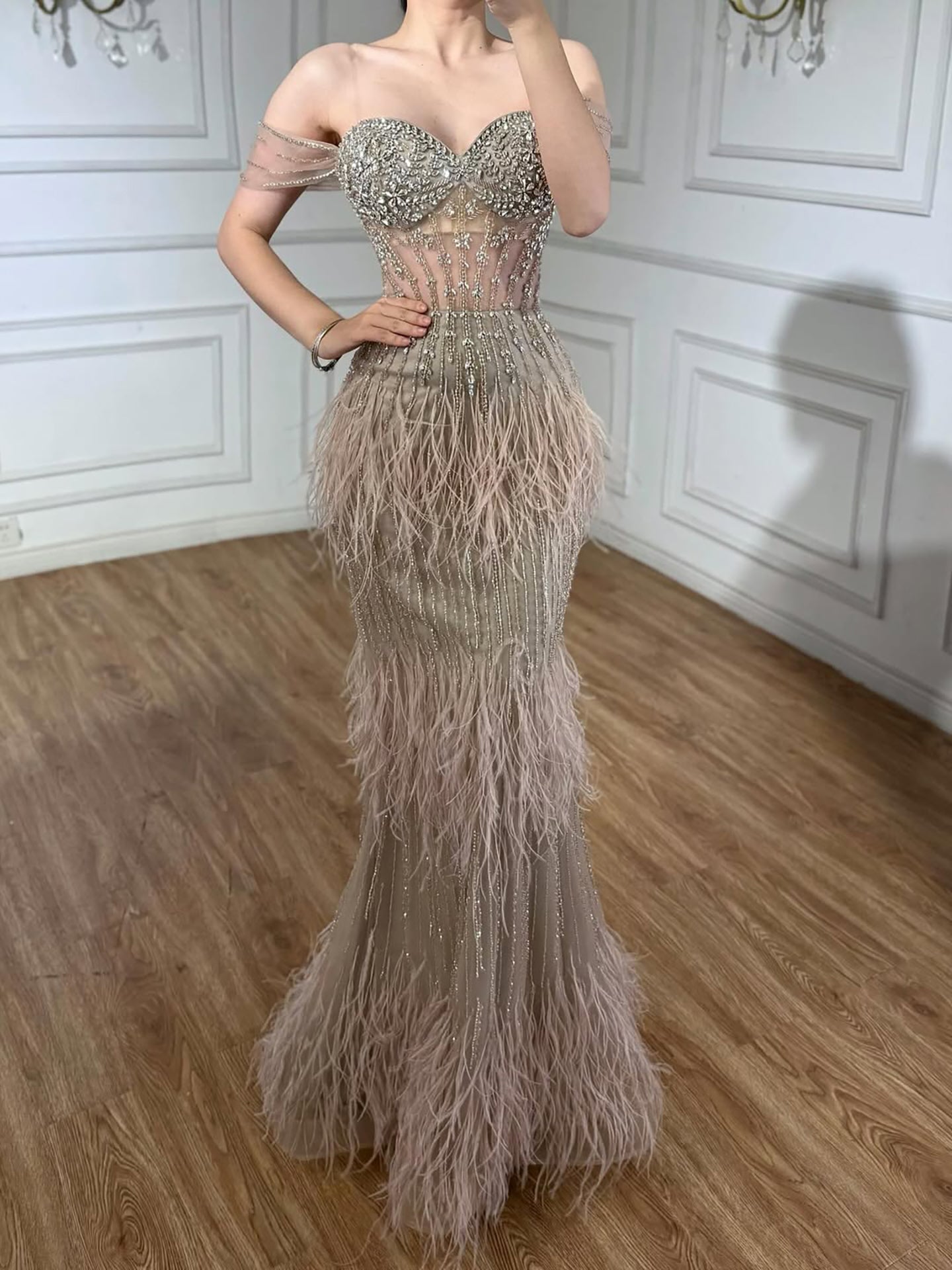 Luxury Caramel Off Shoulder Beaded Feather Mermaid Evening Dress LA73193A