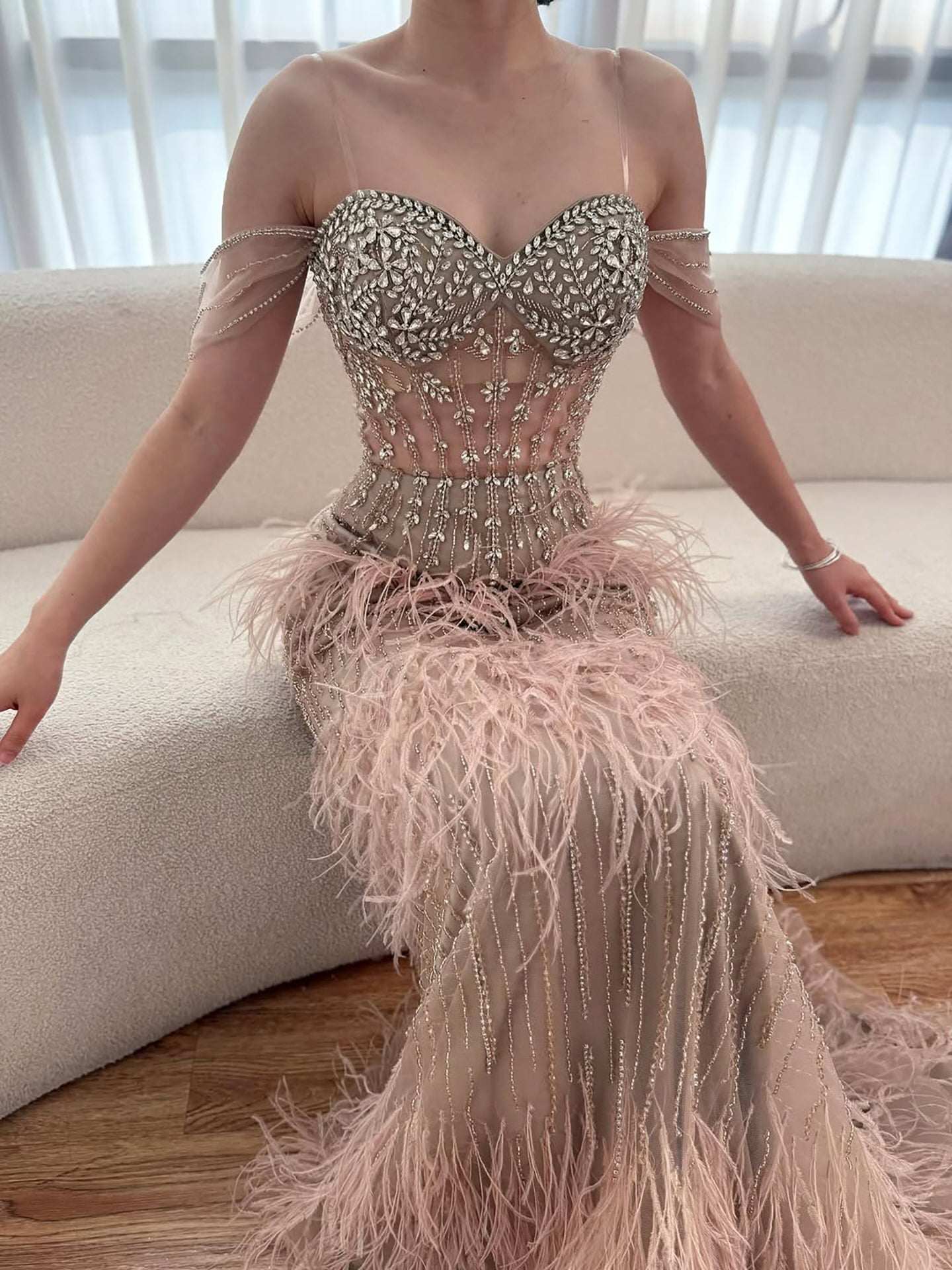 Luxury Caramel Off Shoulder Beaded Feather Mermaid Evening Dress LA73193A