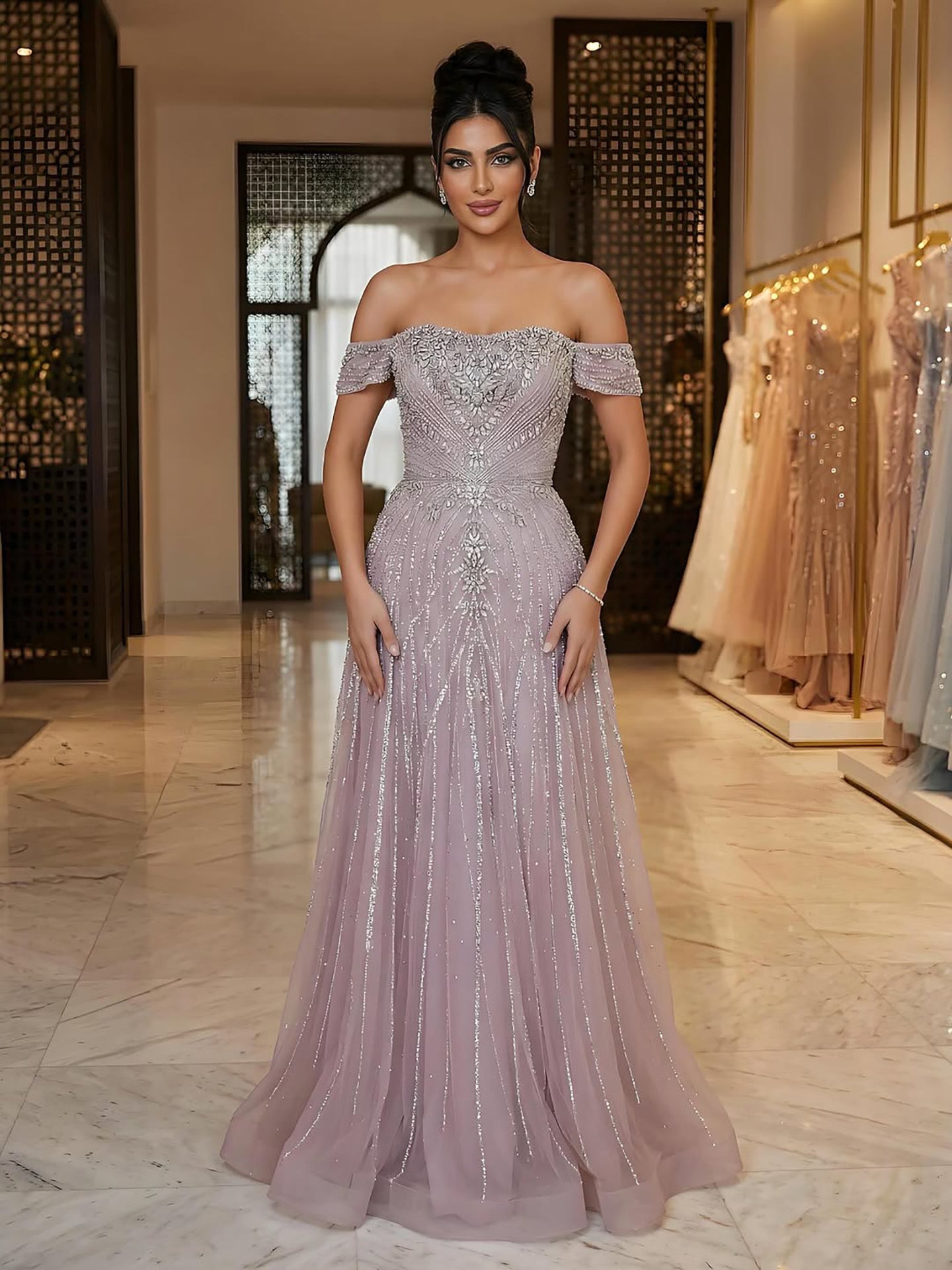 Luxury Dubai Nude Strapless Beaded A-Line Evening Dress LA73195A